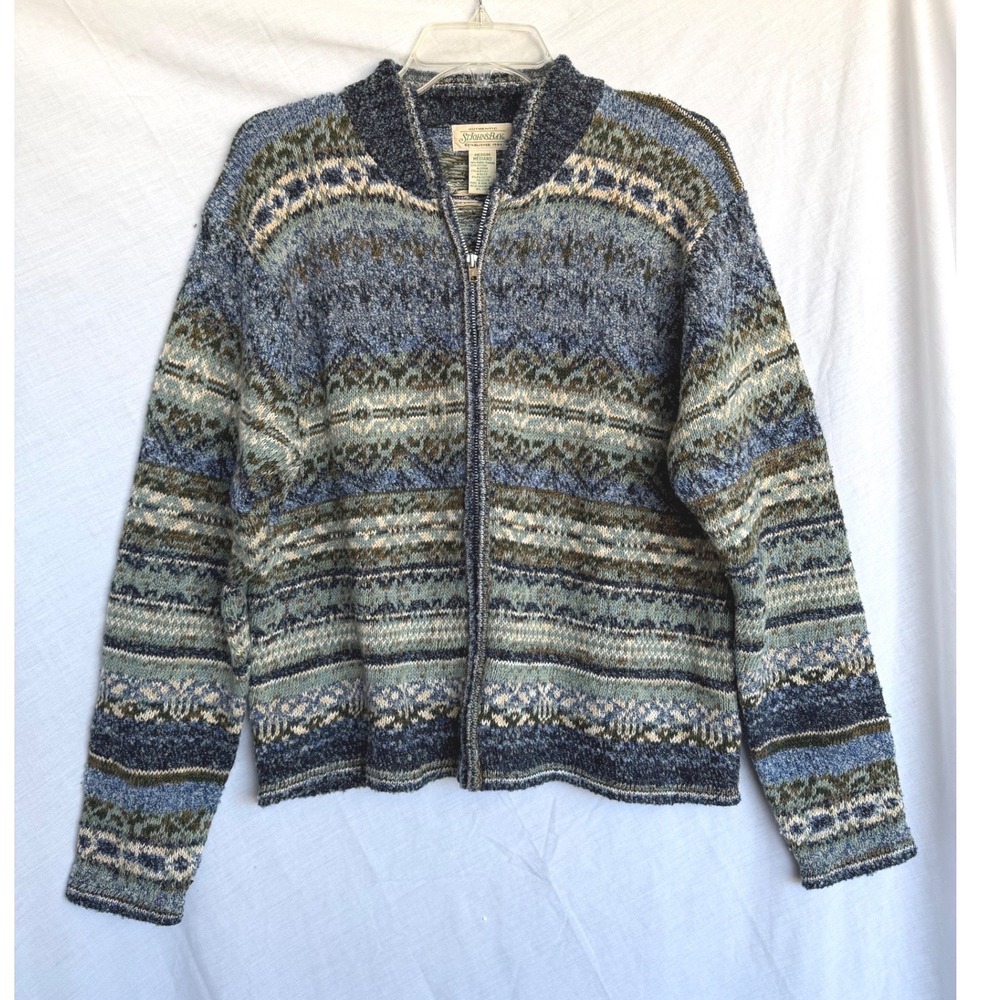 St. Johns Bay Zip Sweater Blue Green Fair Isle Cozy Cabincore Layering Medium